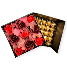 BoxEnjoy - Fekete kocka desszert doboz - piros és bordó szappanrózsával és Ferrero Rocher-val