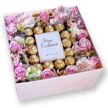 BoxEnjoy -  kocka desszert doboz - szappanrózsa, Ferrero Rocher és Mon Evidence - Eau de parfum 50 ml