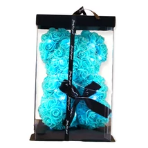 Rózsa maci LED világítással 25cm díszdobozban - türkiz