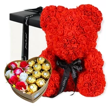 Rózsa maci díszdobozban 40 cm - piros + szív desszert doboz szappanrózsával és Ferrero Rocher-val