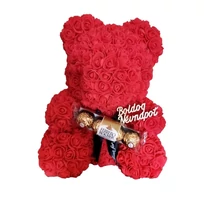 Rózsa maci Ferrero Rocher "Boldog névnapot" örök virág maci, habrózsa díszdobozban - 40 cm