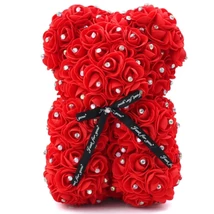 Rózsa maci, virágmaci csillogó strasszkővel 25 cm - piros