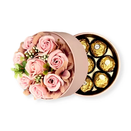 BoxEnjoy - rózsaszín búrás virágdoboz desszerttel - Szappanrózsa és Ferrero Rocher