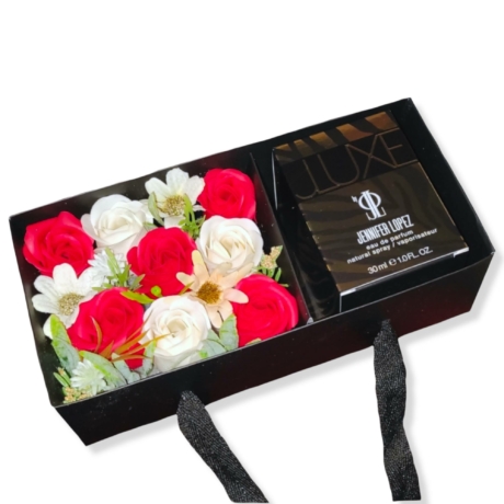 BoxEnjoy - fekete box ajándékdoboz piros-fehér szappanrózsával - JLO LUXE parfümmel