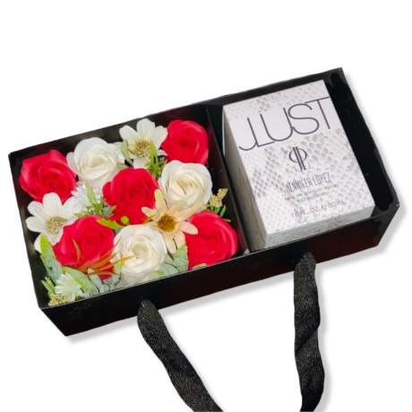 BoxEnjoy - fekete box ajándékdoboz piros-fehér szappanrózsával - JLO JUST parfümmel
