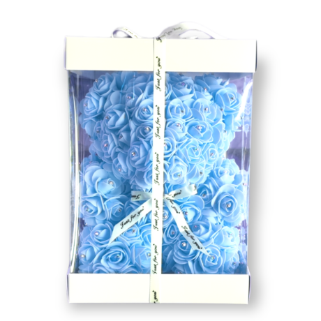 Rózsa maci csillogó strasszkővel fehér díszdobozban - Kék