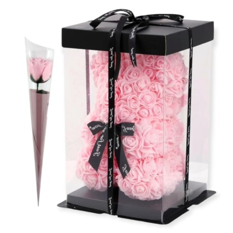 Rózsa maci díszdobozban 25 cm - rózsaszín + 1 szál szappan rózsa