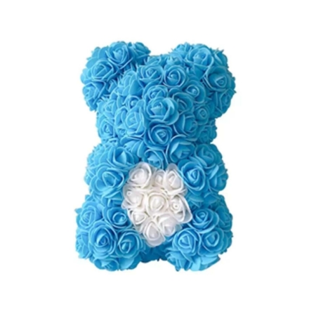 Rózsa maci, örök virág maci díszdobozban 25 cm - kék-fehér