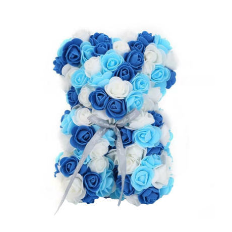 Rózsa maci, örök virág maci díszdobozban 25 cm - kék-fehér mix