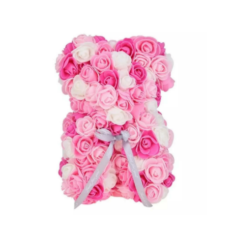 Rózsa maci, örök virág maci díszdobozban 25 cm - rózsaszín-fehér mix