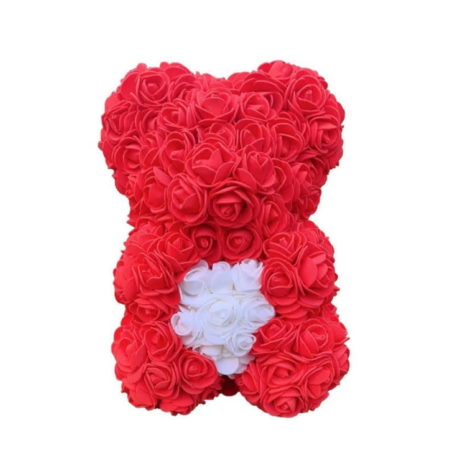 Rózsa maci, örök virág maci díszdobozban 25 cm - piros-fehér