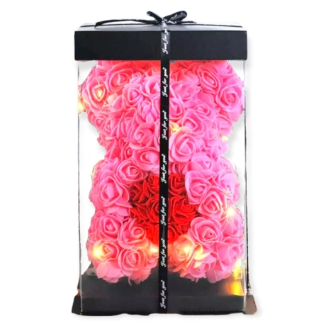 Rózsa maci LED világítással 25cm díszdobozban - rózsaszín-piros