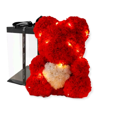 Rózsa maci LED világítással 40cm díszdobozban - piros-fehér