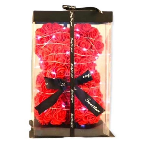 Rózsa maci LED világítással 25cm díszdobozban - piros