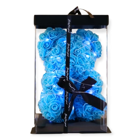 Rózsa maci LED világítással 25cm díszdobozban - kék