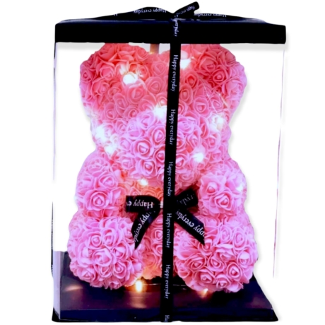 Rózsa maci LED világítással 40cm díszdobozban - rózsaszín