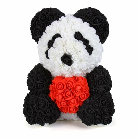 Rózsa maci díszdobozban 40 cm - fekete-fehér panda piros szívvel