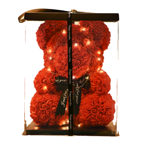 Rózsa maci LED világítással 40cm díszdobozban - piros