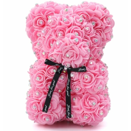Rózsa maci, virágmaci csillogó strasszkővel 25 cm - rózsaszín