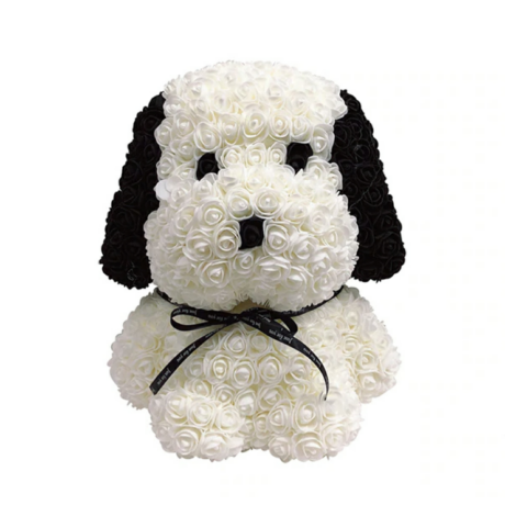 Rózsa kutyus, örök virág ülő kutya díszdobozban - fekete-fehér - Snoopy - 38 cm